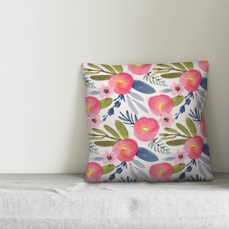 Floral Outdoor Reversible Pillow Cover, 20" x 20", Green/Blue/Pink, Polyester/Polyfill