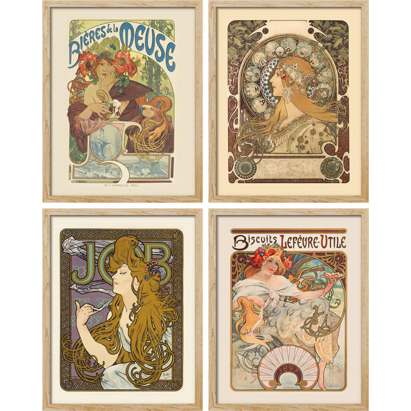 "Art Deco", "Portraits de femmes encadrées sur papier" par Alphonse Mucha, H 16 po x l 12 po, Naturel