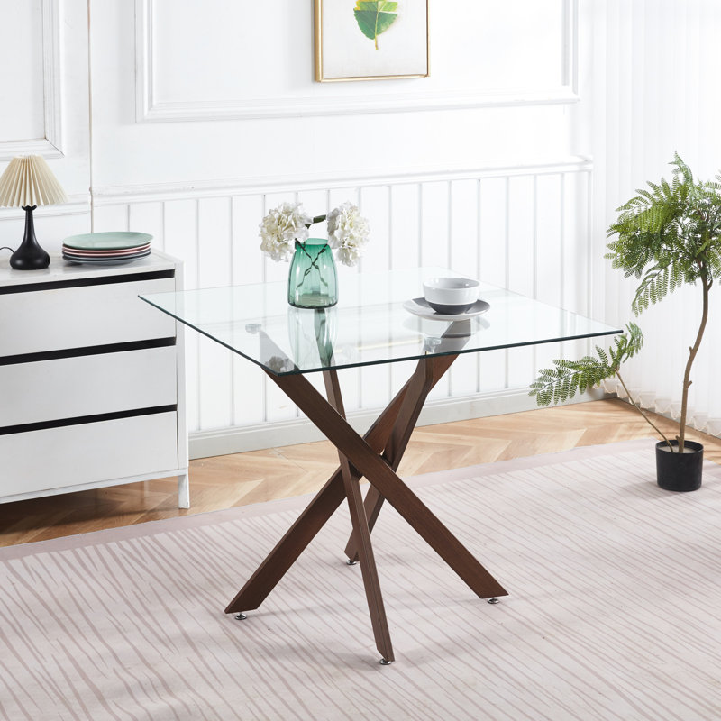 Table carrée moderne avec pieds en croix en métal et verre trempé, 90 x 90 x 75 cm, surface lisse, plateau en verre de couleur noyer foncé pour économiser de l'espace, carré, facile à nettoyer,