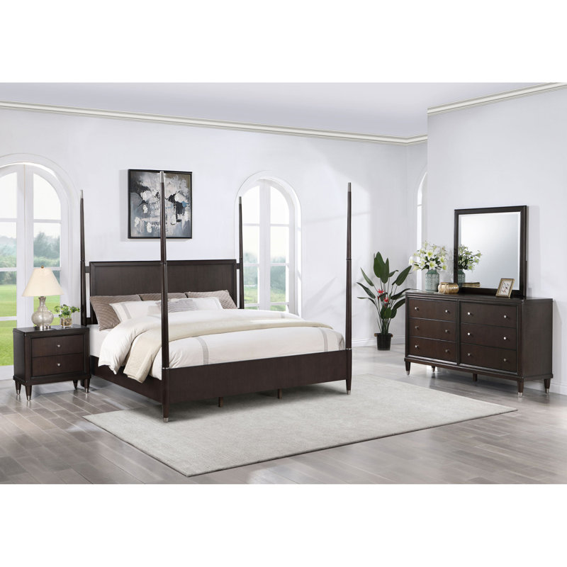 Niguel Brown 4-Piece Poster Bedroom Set, 4 Pcs: Bed, Nightstand, Dresser, Mirror
