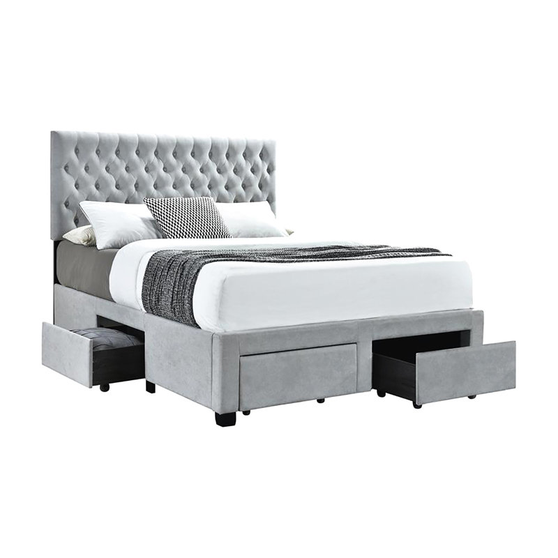 Grand lit gris avec tiroirs de rangement spacieux et gris pour un fonctionnement en douceur