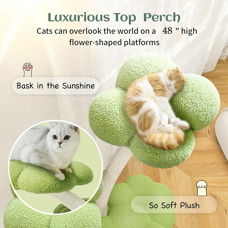 5'11" H Tall Cat Tree Flower Shape Scratching Post Cat Tower, Green
