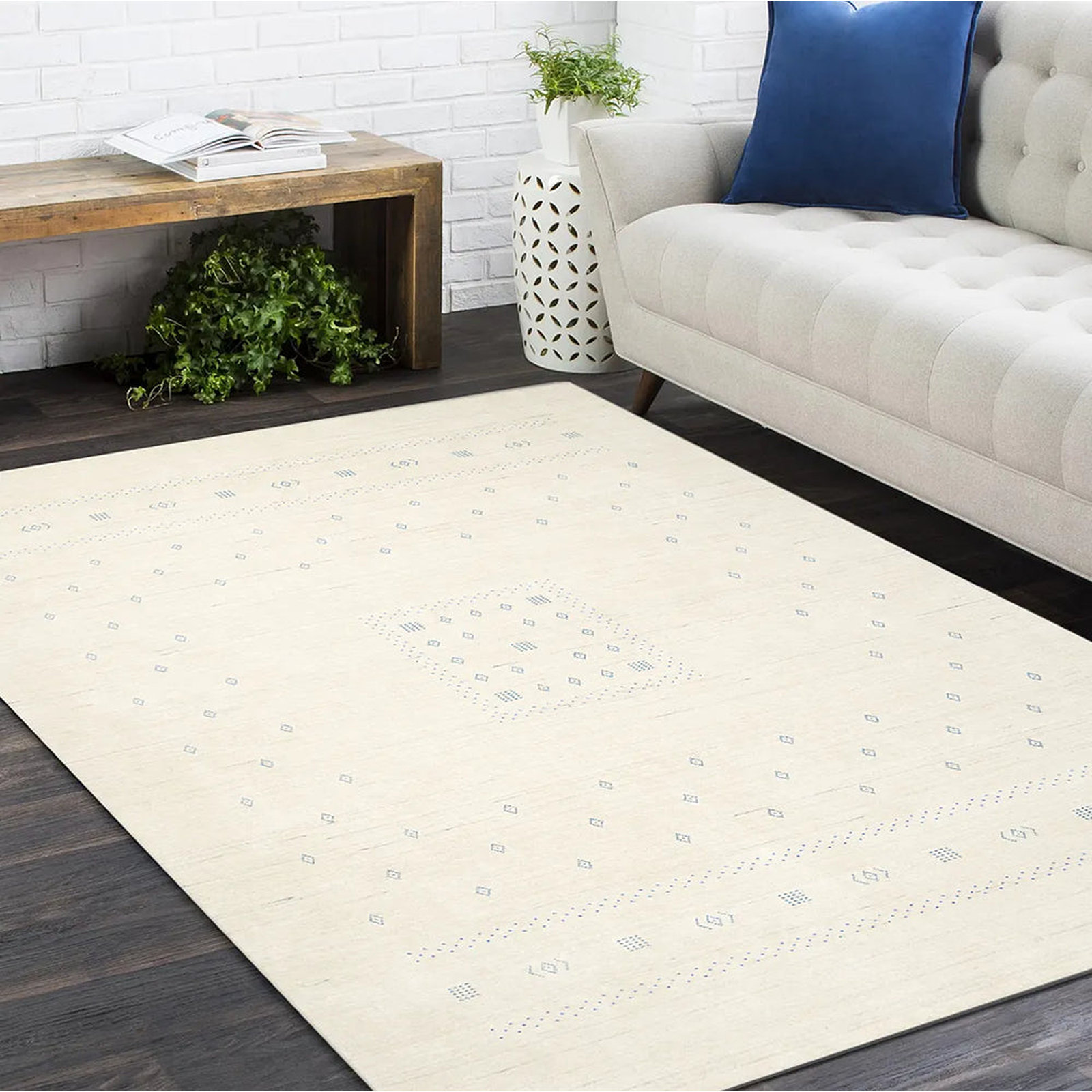 Simi Hand-Woven Geometric Cotton Wool Rug, Rectangle 5' x 8', Navy