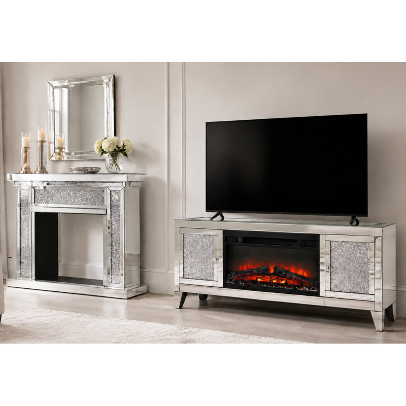 Grand meuble télé argenté avec miroir pour téléviseur de 65 po et encadrement de manteau de cheminée 46,06 po x 12,59 po