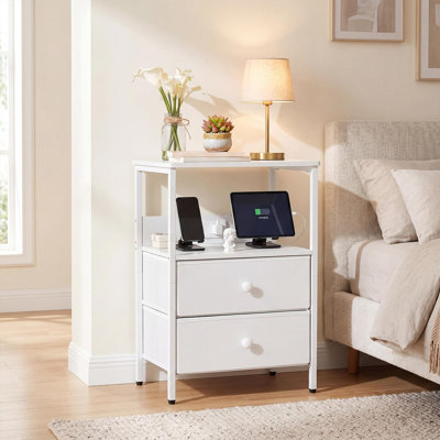 Nightstand with Charging Station, Compact Bedside Table with 2 Fabric Drawers, Open Shelf