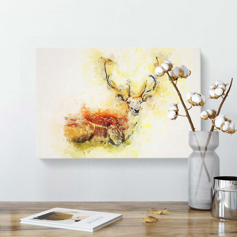 Stag Deer In Abstract - Wrapped Canvas Painting, 40cm H x 60cm W x 3cm D