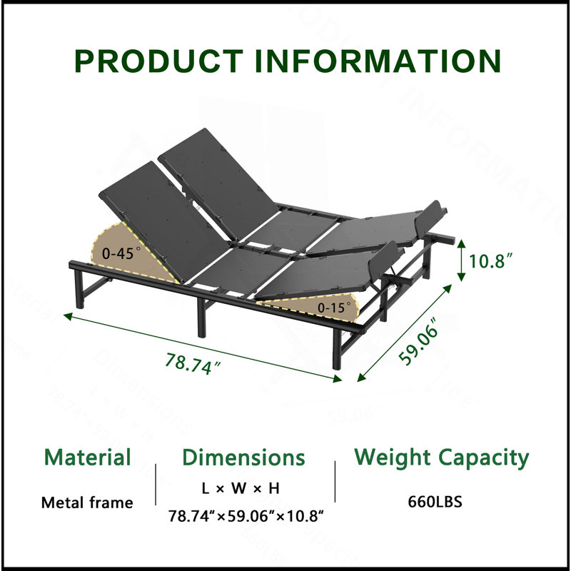Structure de lit réglable, conception à 4 moteurs pour grand lit, inclinaison indépendante de la tête et des pieds, zéro gravité, préréglages de télé et d'inclinaison de la tête, capacité de 600 lb