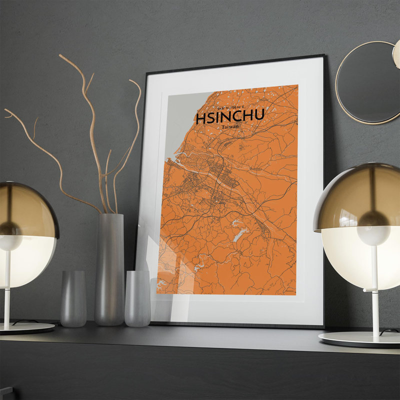 Hsinchu City Map In Orange - No Frame Print, 17cm H x 11cm W x 0.05cm D