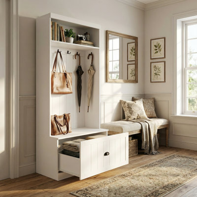 Valentin 1-Drawer & 1-Shelf Hall Tree With Bench And Metal Hooks