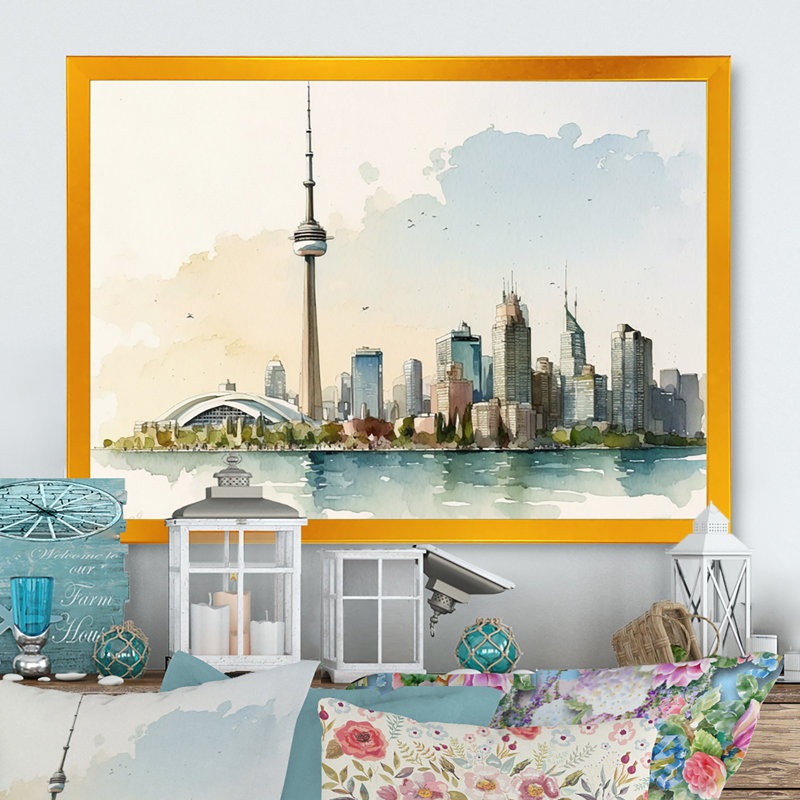 Toronto Skyline II - reproduction sur toile, L 32 po x H 16 po, Impression dorée sur toile encadrée