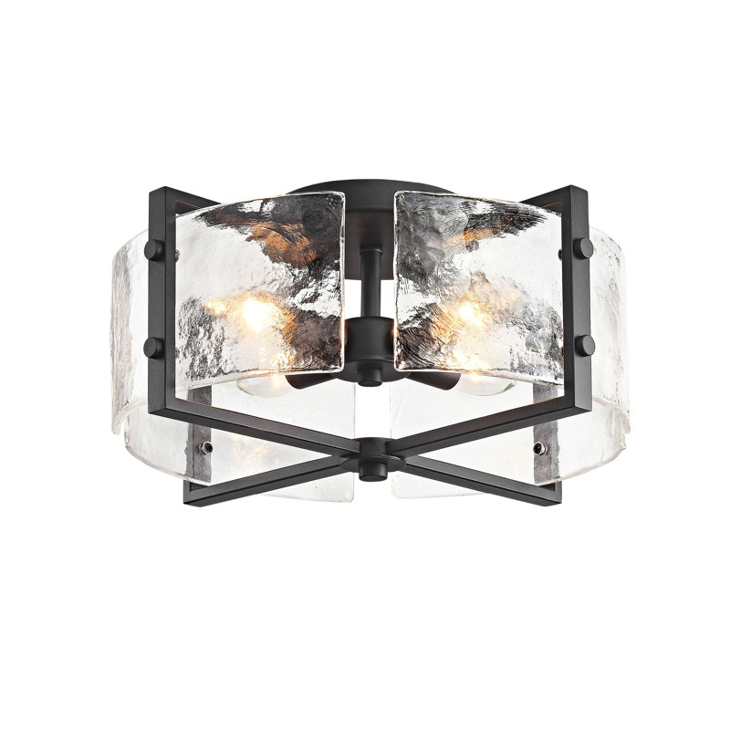 Nihaan 4-Light 16.5" Black Metal Frame Textured Glass Panels Flush Mount 