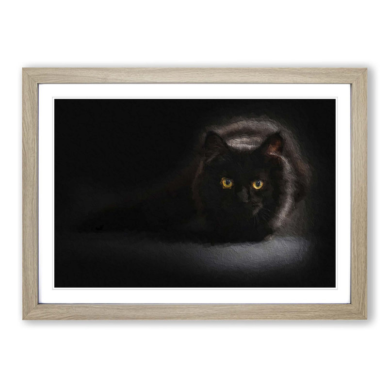 Black Cat with Yellow Eyes - Picture Frame Art Print on MDF, Oak Framed, 48cm H x 65cm W x 2cm D