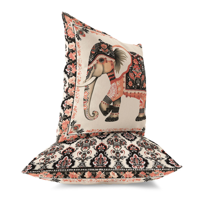 Coussin intérieur / extérieur Elephant Garden, H 20 po x l 20 po, Gris / Orange