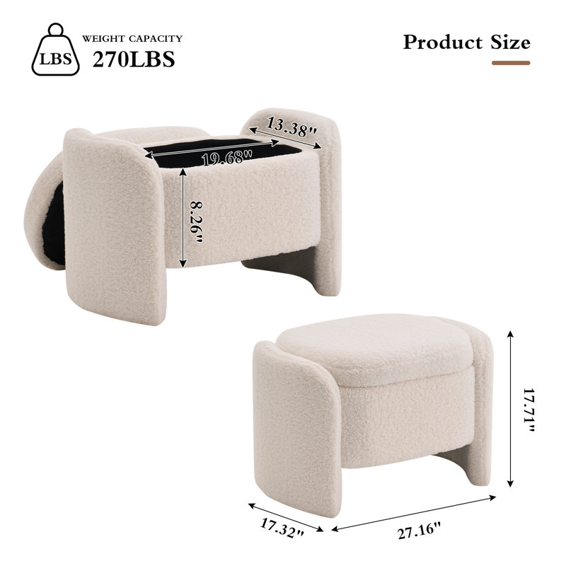Storage Bench With Lamb Fleece Fabric, Vanity Stool Chair, Upholstered Ottoman With Small Hidden Storage For Bedroom, Living Room, Entryway, No Assembly Required, Ivory