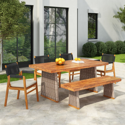 Traylor 6-Piece Japandi Acacia Wood Outdoor Dining Set With Rope Armchairs, Slatted Table & Water-Repellent Cushions