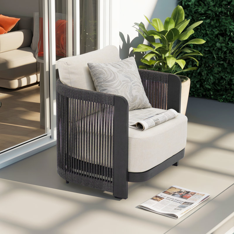 Modern Rope Woven Patio Chair with Aluminum Frame and Wood Grain;Weather-Resistant Outdoor Armchair for Pool and Garden