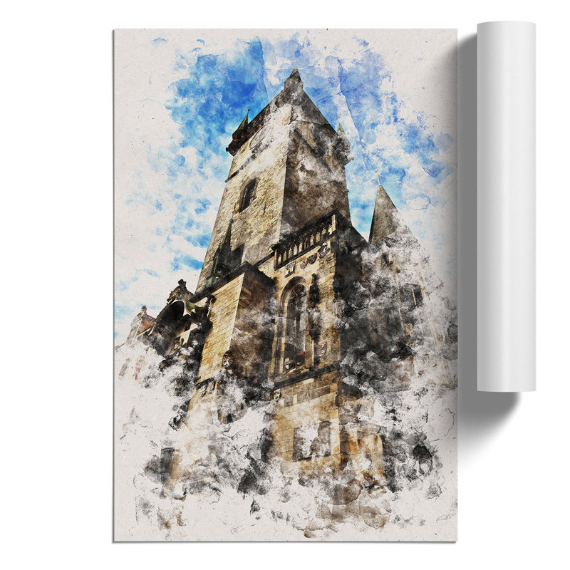 Old Town Hall in Prague Watercolour - Frameless Print, 59cm H x 42cm W x 0.1cm D