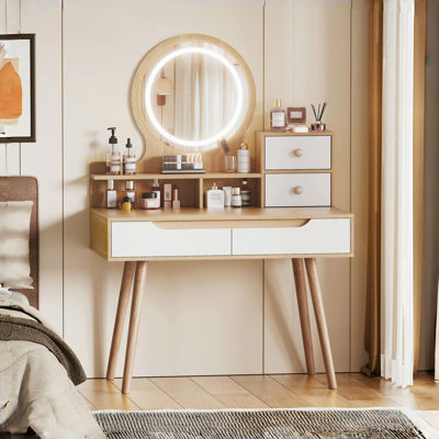 Makeup Vanity Desk with 3 Adjustable Lighted Mirror with solid wood table feet , Dressing Table Set with 4 drawers and 3 open shelves for Small space