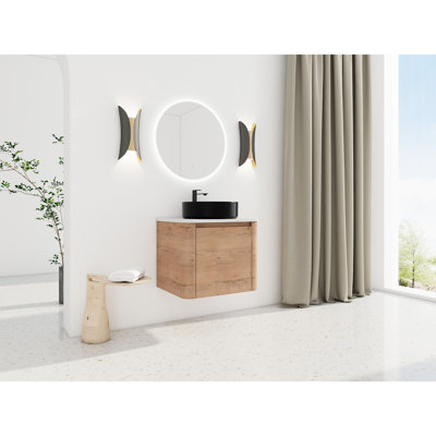 Armoire de salle de bain murale de 24 pouces avec lavabo d'art en céramique, charnières à fermeture en douceur, 45 poignées cachées et meuble-lavabo de 24 po pour la salle de bain, une porte à fermeture, contreplaqué emballé Kd, peu encombrant