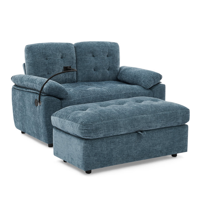 Canapé inclinable double multifonctionnel avec repose-pieds, bleu