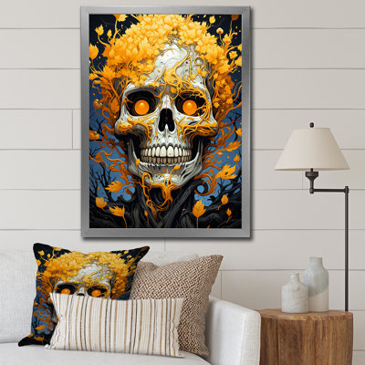 " Smiling Skull With Yellow Flowers Funky Halloween "