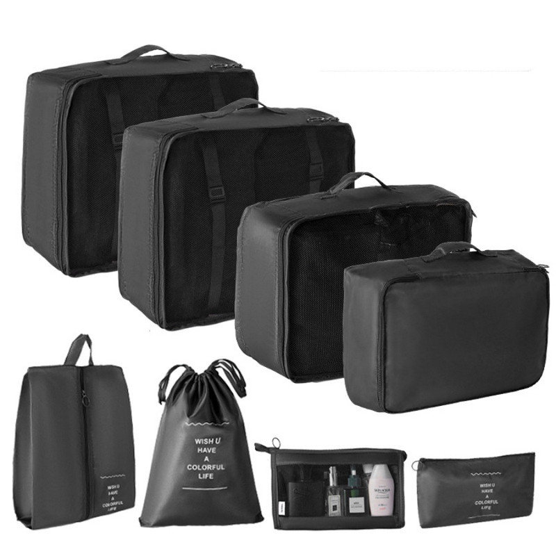 Emballage de cubes 8 pièces, sacs de rangement en maille respirants, organisateurs d'emballage, ensemble de sacs de voyage essentiels durables, organisateurs de voyage, sac à cosmétiques, noir