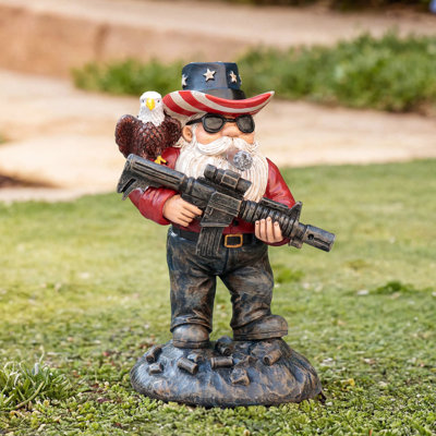 Novel Gnome Figure, Holding A Gun With An Eagle
