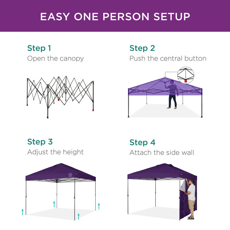 10X10ft Easy Setup Pop Up Canopy, Portable Tent W/ Side Wall, 1-Button Push, Case, Purple