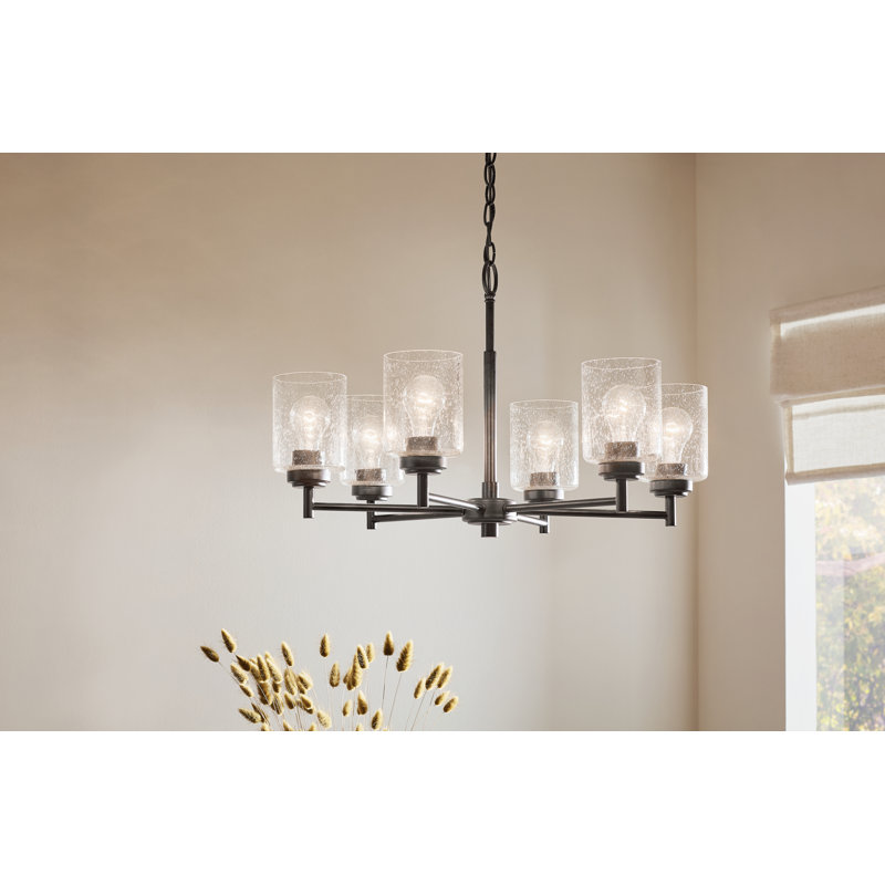 Bronze 6-Light Chandelier with Clear Seeded Glass Shades