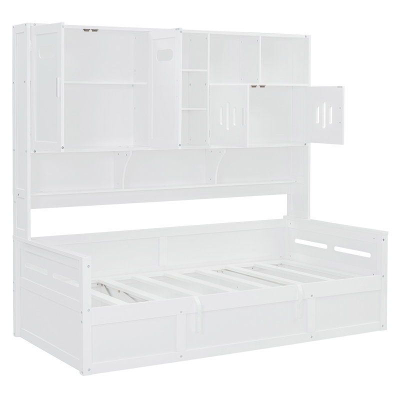 Twin Size Wooden Daybed With Hydraulic Lift, All-In-One Cabinet And Shelf For Maximum Storage And Style, Twin, White