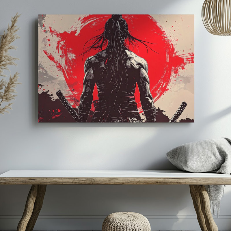"A Samurai Warrior" vu de derrière, debout devant un cercle rouge audacieux peint comme une toile, qualité supérieure prêt à accrocher