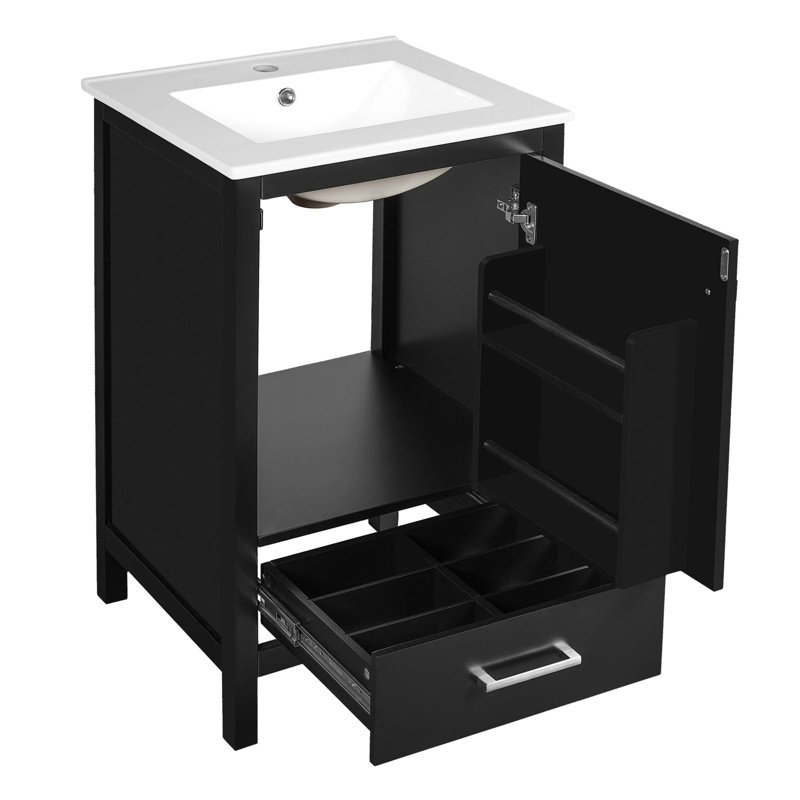 Meuble-lavabo moderne de 20 pouces avec lavabo en céramique, tiroir et porte à fermeture en douceur, organisateur de porte double couche, tiroir de séparation, patins réglables
