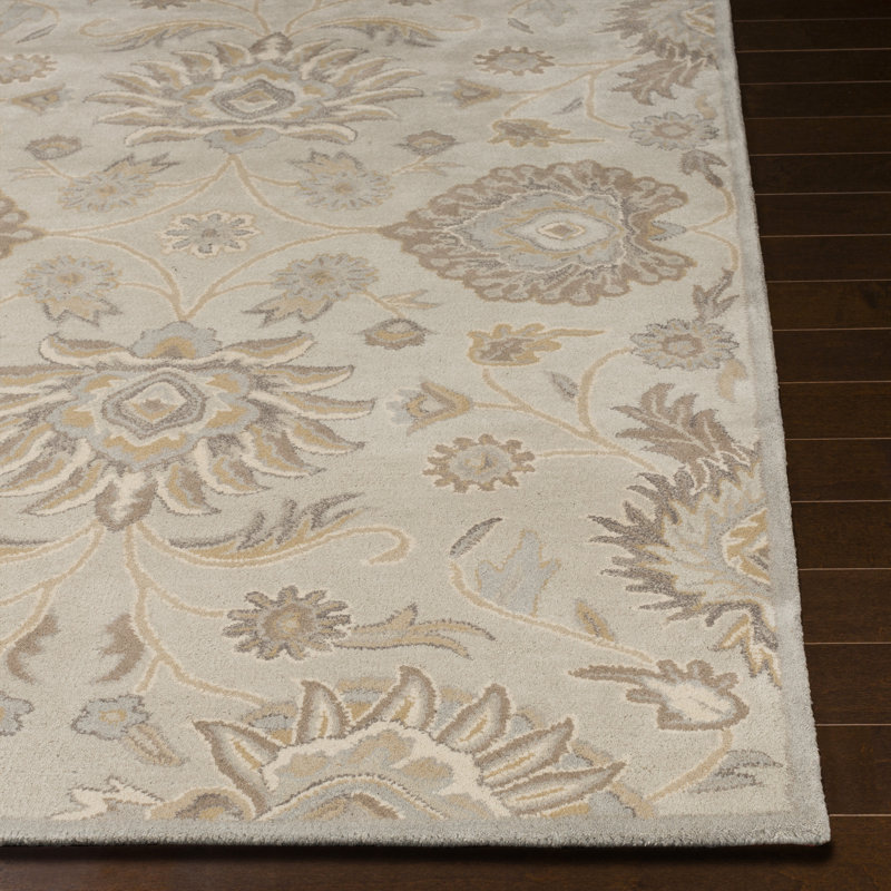 Tapis en laine touffeté à la main à motif oriental gris clair / kaki / crème Camden, Rond 8 pi