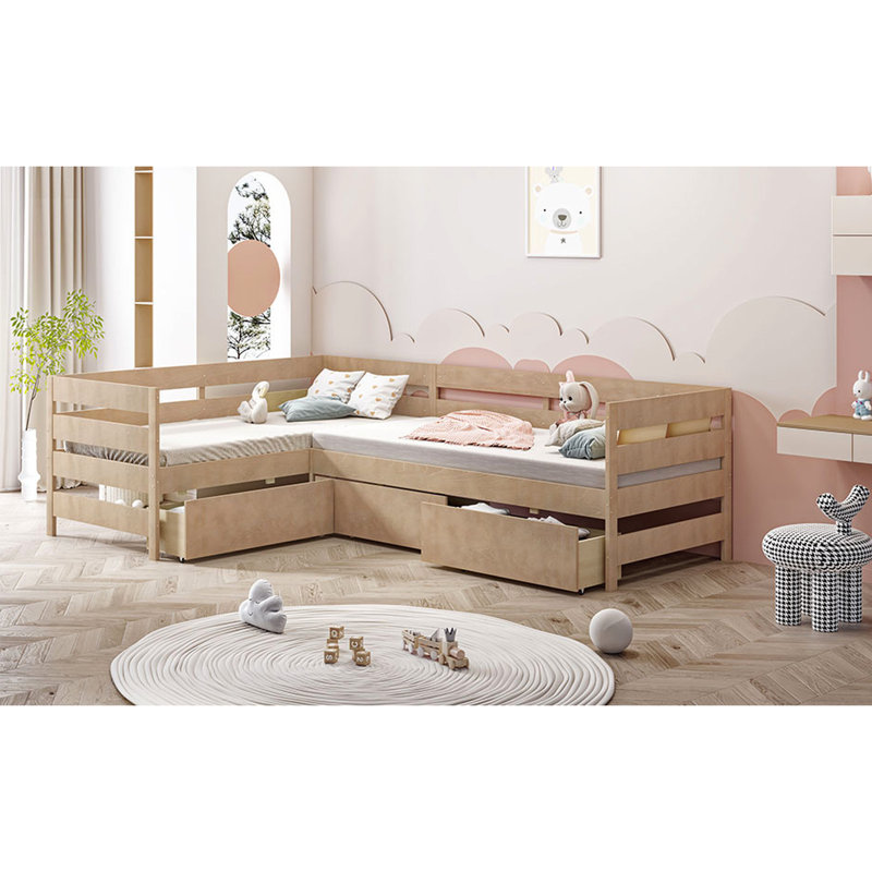 Lit plateforme simple en forme de L - Économie d'espace et rangement stylisé sans sommier