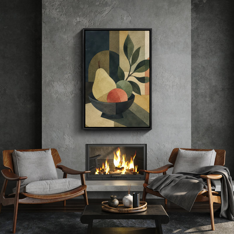 «Cubist Pear Fruit Bowl Still Life Mid Century Room Decor», reproduction d'art encadrée, 24" H x 16" W, Black