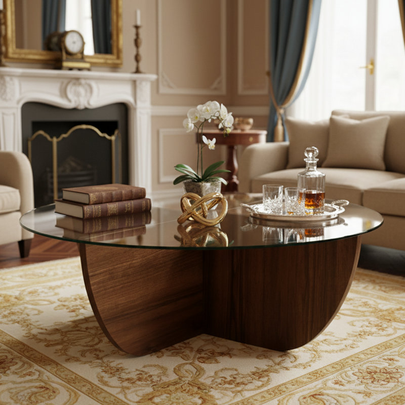 Table basse ronde assemblée avec verre trempé