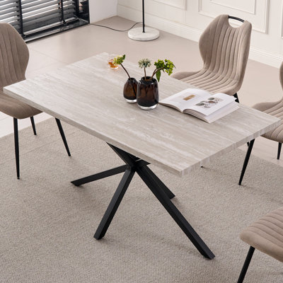 55.1" Rectangle Dining Table for 2 4, Small Mid Century Modern Kitchen Table with Metal Cross Legs,Gray