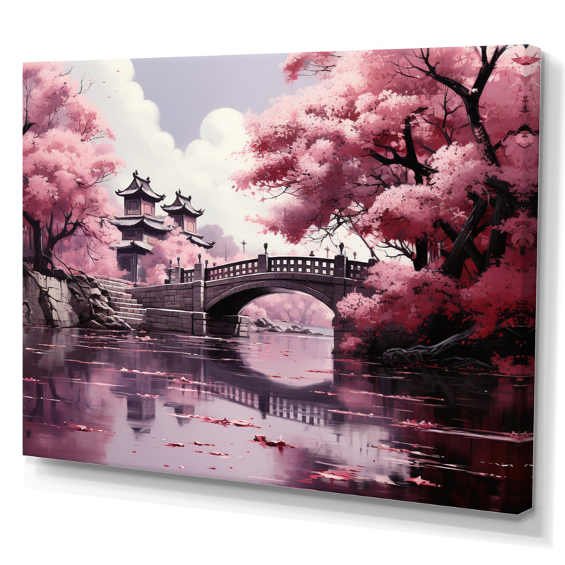 Art japonais, fleur de cerisier rose, pont, Japon, Toile tendue, H 24 po x l 32 po x P 1 po