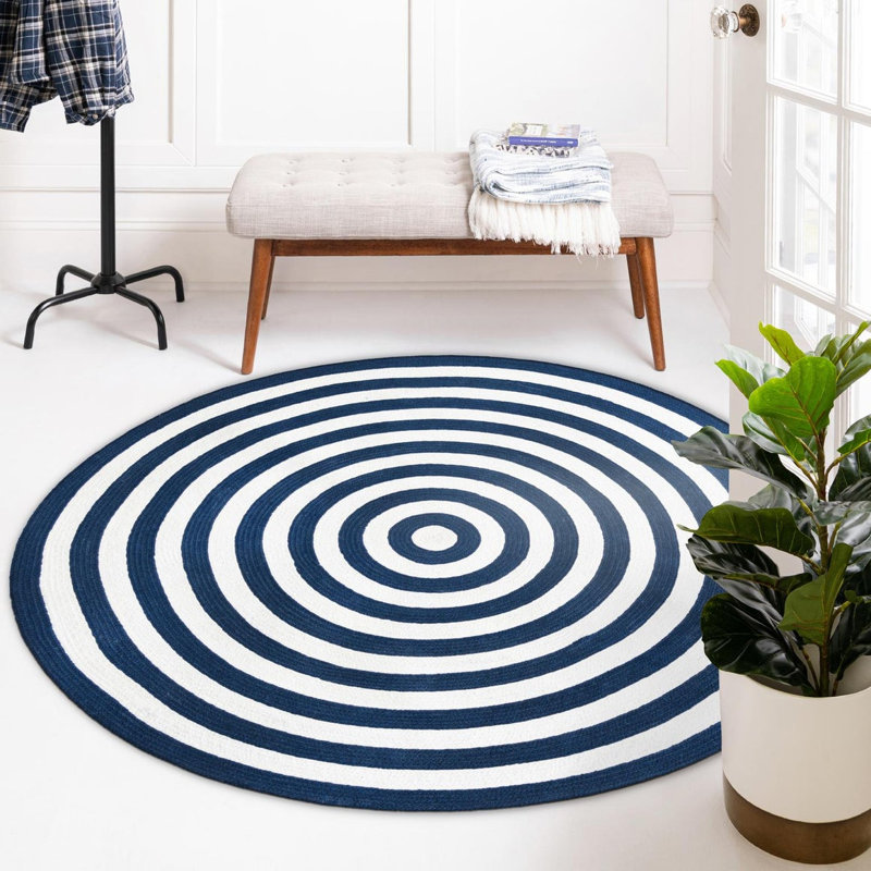 Kozan Geometric Handmade Flatweave Recycled P.E.T. Indoor / Outdoor Area Rug in Navy/White, Round 7'10"