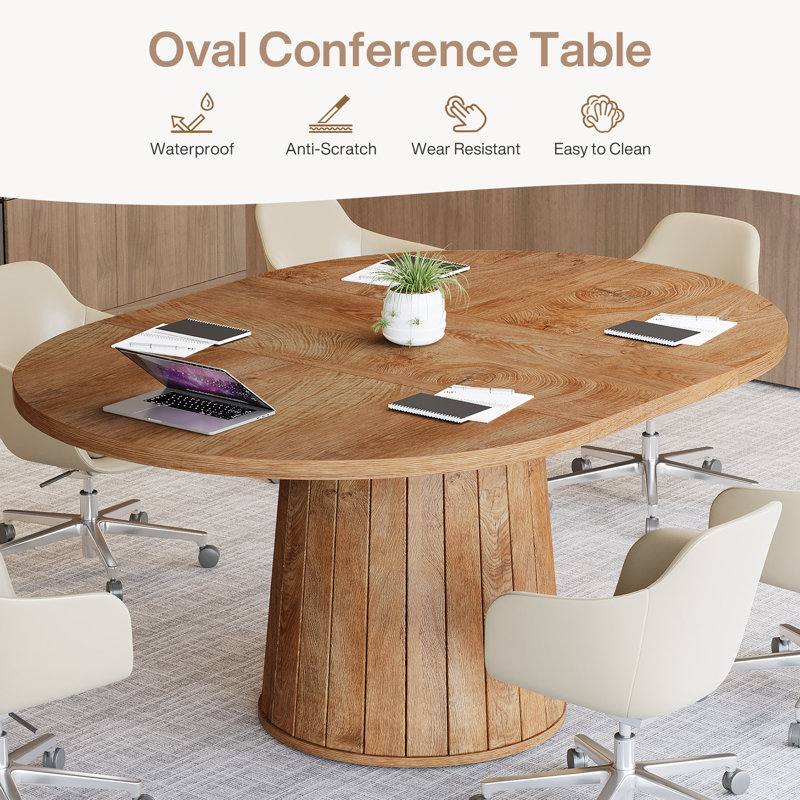 55" Oval Conference Table with Wood Base for 6 People