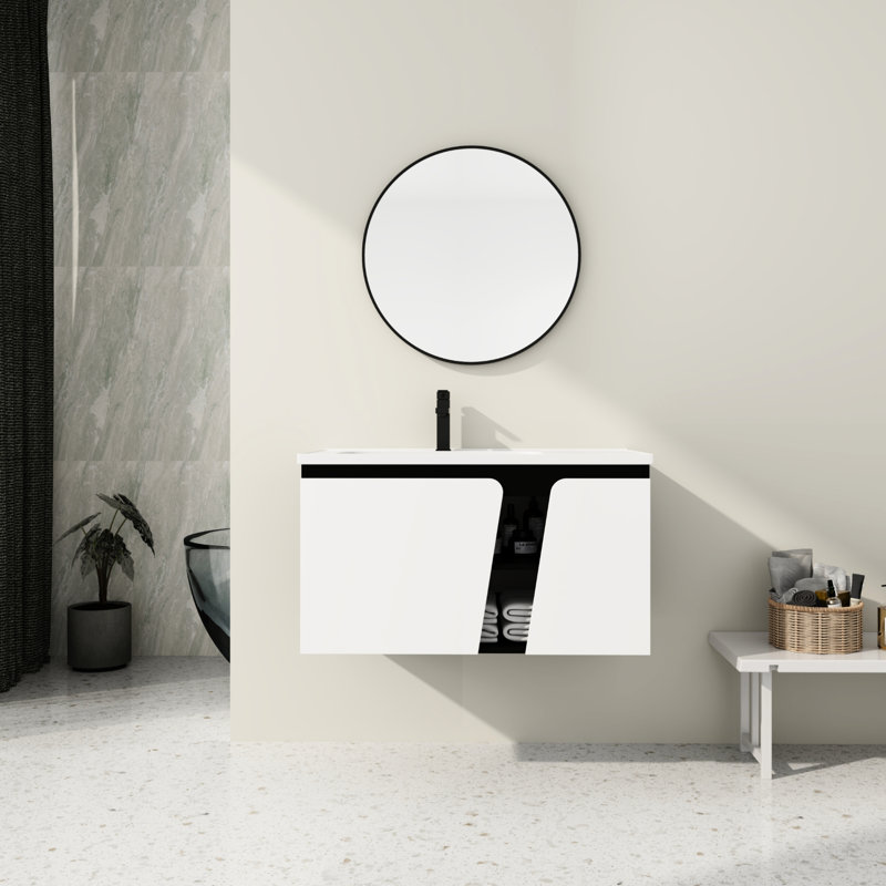 Meuble-lavabo flottant 36 po avec lavabo en céramique et armoire à fermeture en douceur. Style contemporain. Vaste espace de rangement. Contreplaqué. Porte de lavabo blanche et noire. Conception. Abondant +