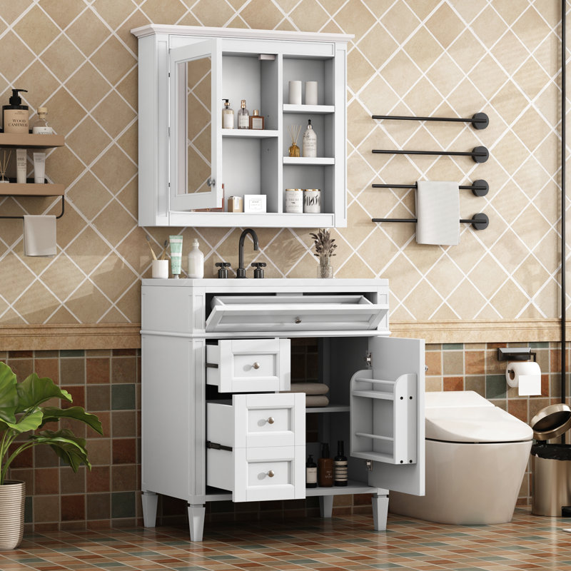 Meuble-lavabo autoportant 30 po avec lavabo 30 po, 2 tiroirs, miroir, lavabo autoportant de qualité moderne, White