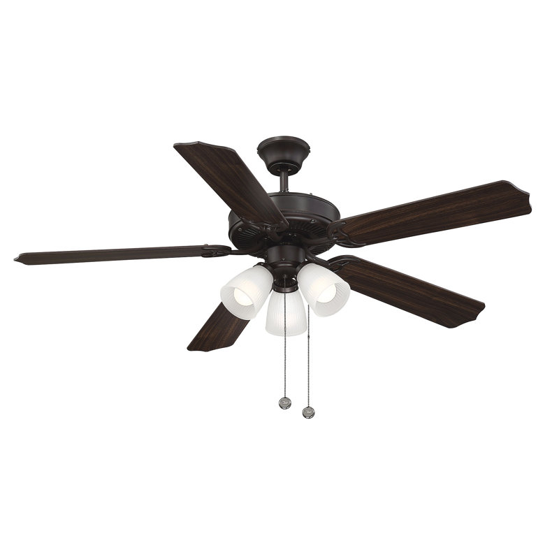 52" Garrett 5 - Blade Standard Ceiling Fan in English Bronze with Pull Chain and Light Kit Included, Satin White Frosted