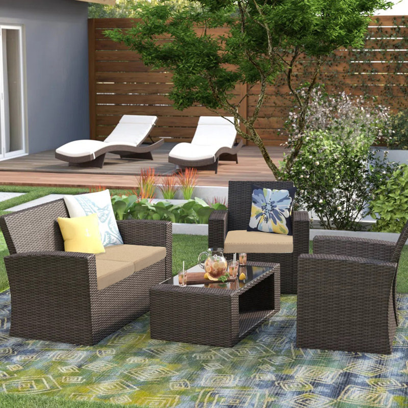 Tisdale 4-Piece UV Resistant Outdoor Conversation Set with Cushions, Beige Performance, Chocolate
