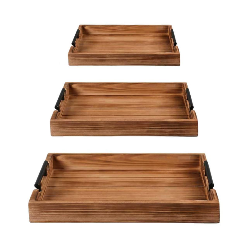Ensemble de 3 plateaux de service gigognes en bois avec poignées, plateau décoratif rustique en bois de sapin massif rustique pour table basse, repose-pieds, cuisine