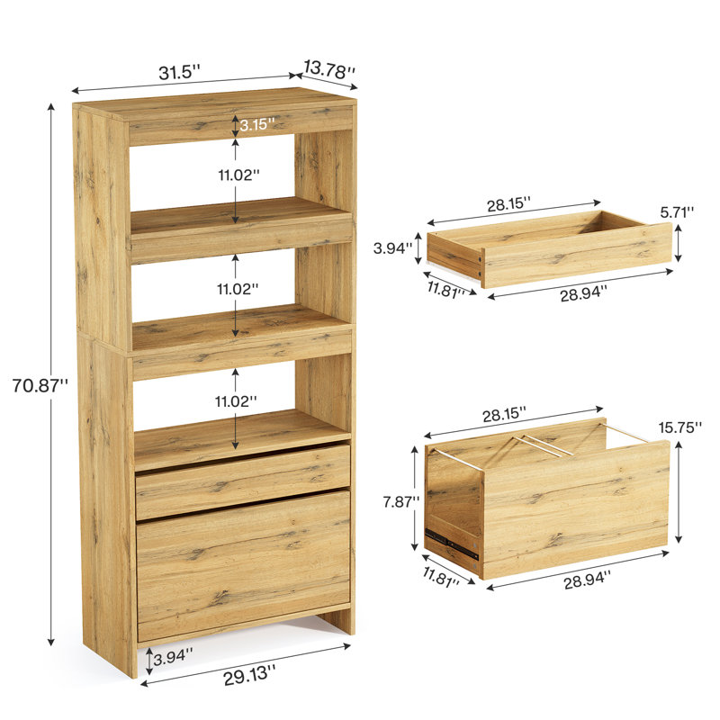 Tall Bookshelf with Storage Drawers,Modern Bookcase with File Cabinet