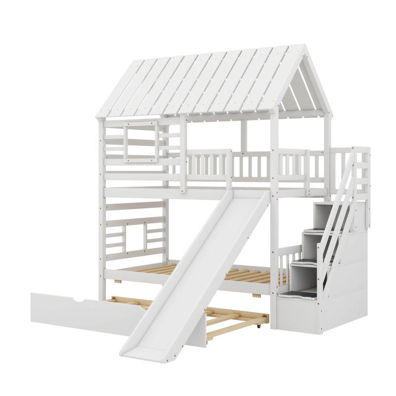 Lit superposé simple au-dessus de simple en forme de maison avec fonction coulissante, lit gigogne escamotable, escalier de rangement peu encombrant et éléments de toit et de fenêtre adorables