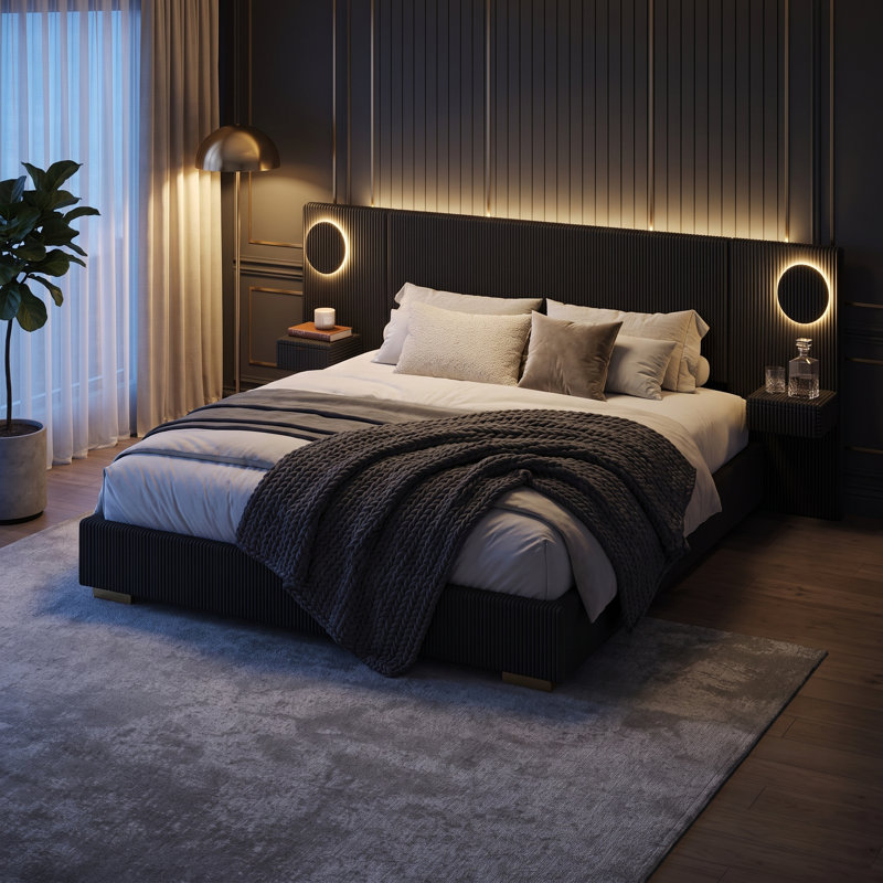 Lit plateforme tapissier en velours côtelé moderne avec lumières DEL circulaires, ports USB et tiroirs de rangement latéraux