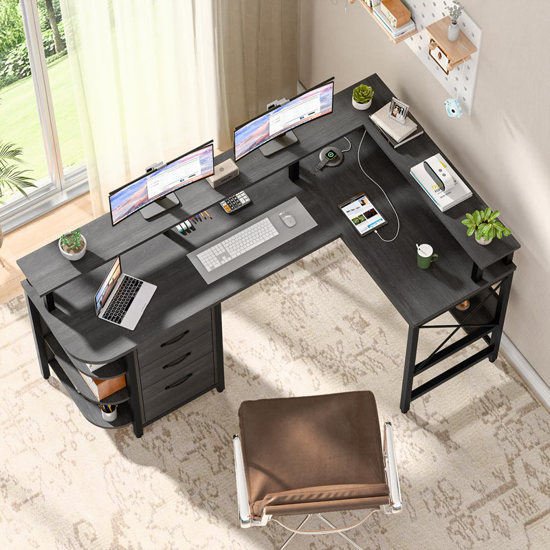 67" L Shaped Computer Desk With LED Lights And Power Outlets, Grey