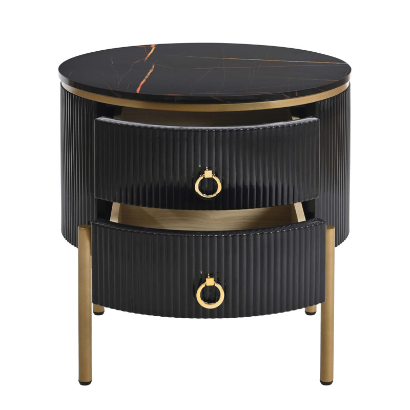 Table basse ronde avec tiroirs de rangement en bois Degan, Noir / or